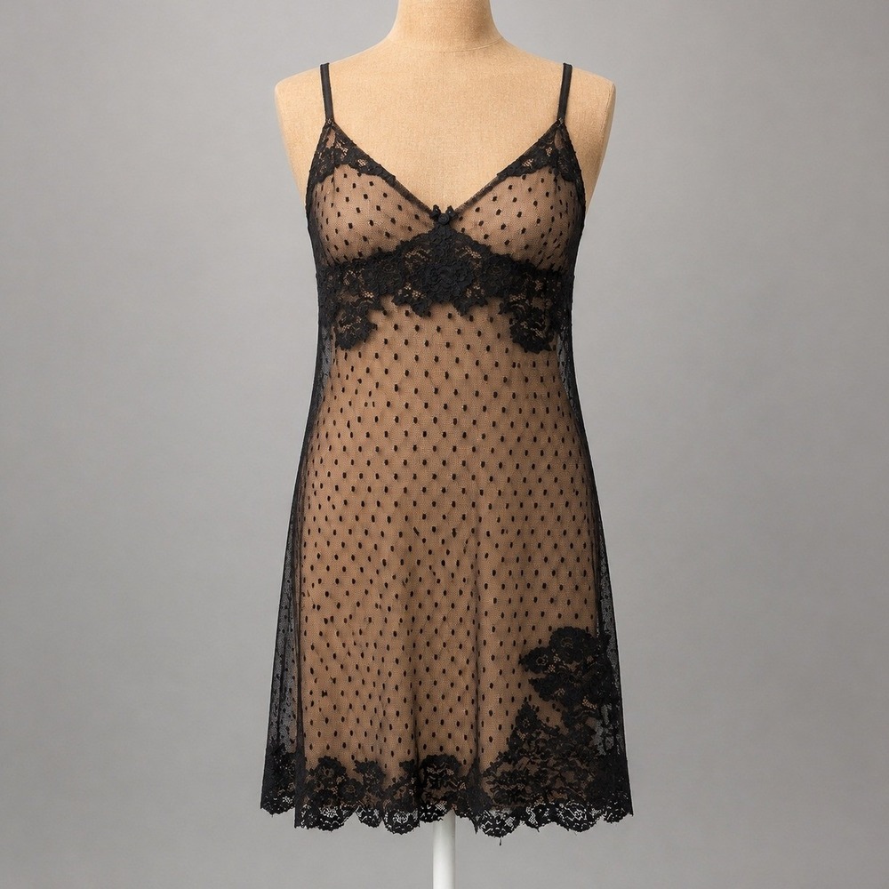 Vintage Y2K Mesh Lace Babydoll Mini Dress Size L Black Whimsigoth Fairy Grunge